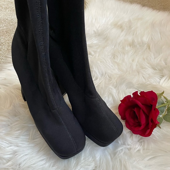 Vintage 90s  Grunge Square Toe stretch fabric/Sock knee-high boots - Picture 6 of 16